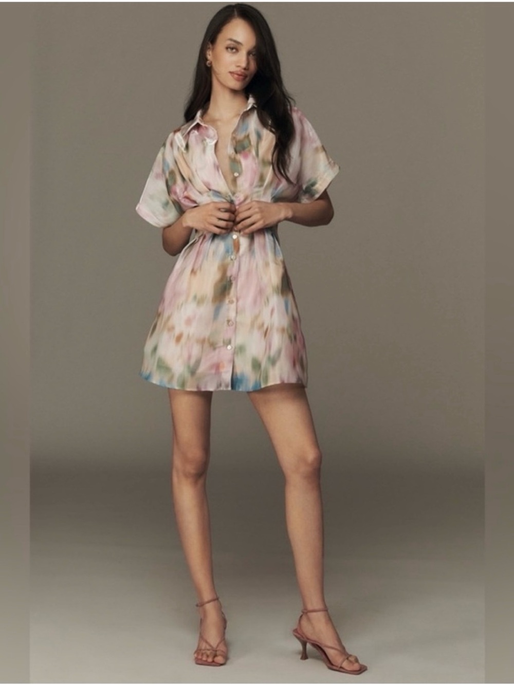 Watercolor Tie-Dye Short Shirt Dress in Pastel Pink